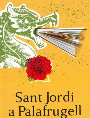 Drac sobre fons groc que escup un llibre en comptes de foc, i una rosa vermella